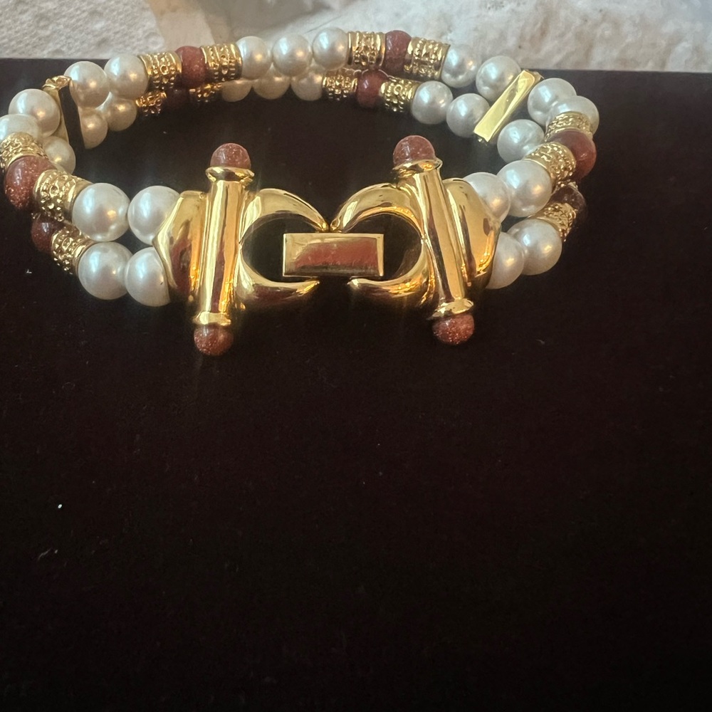 Misaki Gold and Pearl Double Strand Bracelet